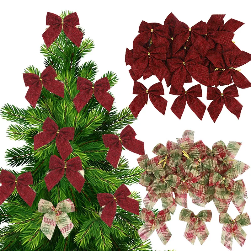 Noeud papillon en lin pour la décoration d\'arbre de Noël, ornements de confrontation, nœud papillon pour couronne de Noël, cadeaux de nouvel an,