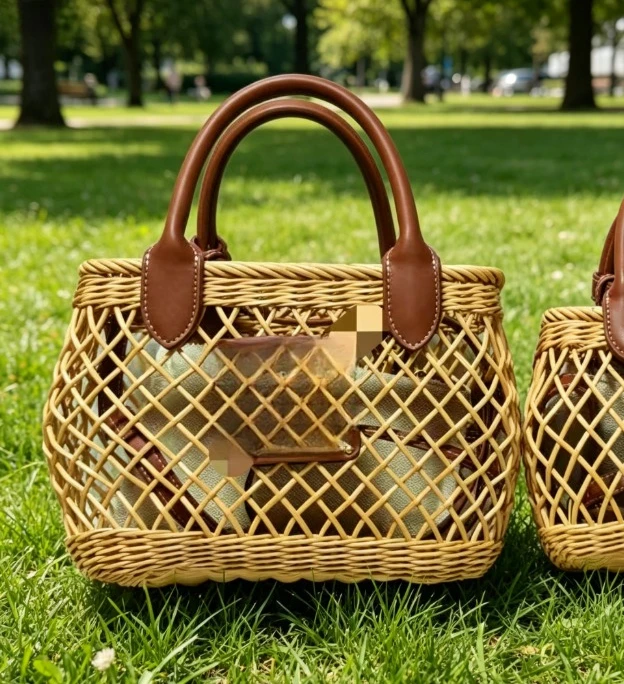 

Rattan Woven Basket Bag Women Luxury Designer Hollow Out Letter Leather Trim Tote Handbag Fashion Shoulder Top Handle Bag