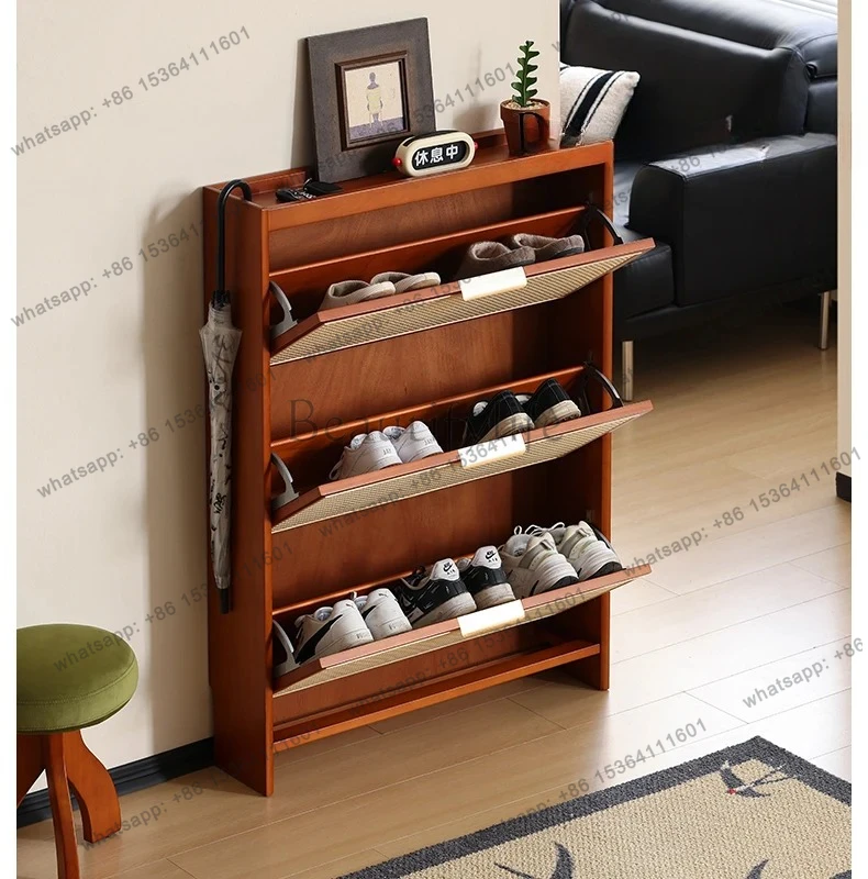 

Rattan shoe cabinet Solid wood household door porch cabinet Small apartment tipping bucket ultra-thin shoe rack
