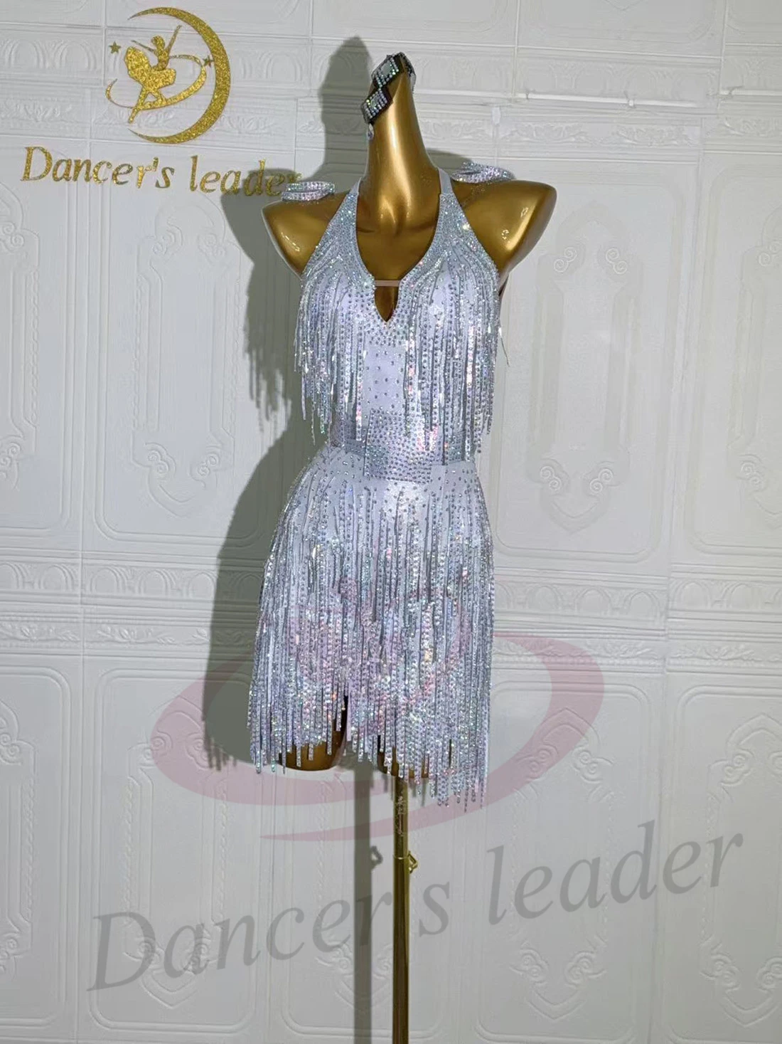 Ballerino latino per bambini adulti Abito da performance in pietra AB di fascia alta personalizzato argento bianco diamante striscia nappa tango samba