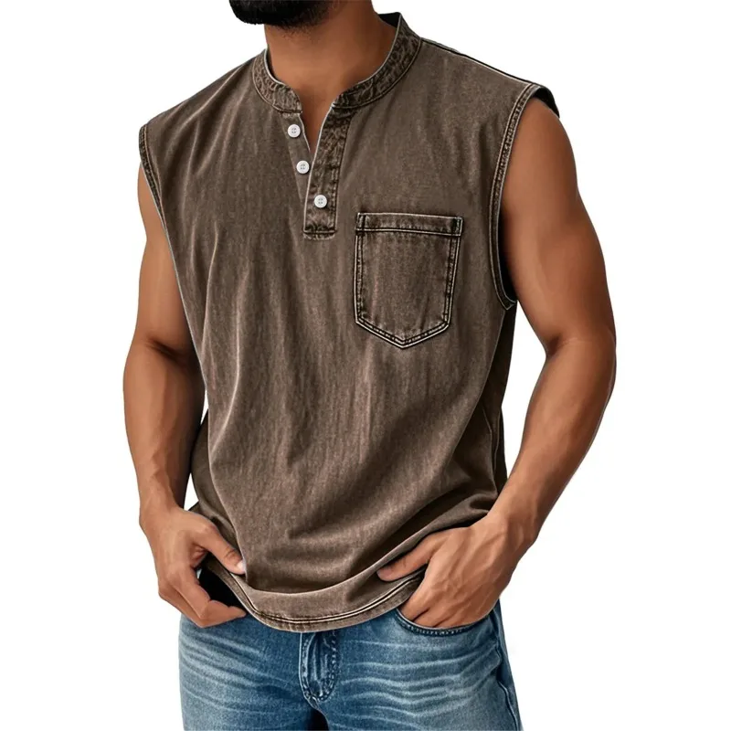 Vintage Distressed Washed Sleeveless Vest for Men Henley Collar Button-Down Vest Simple Solid Color