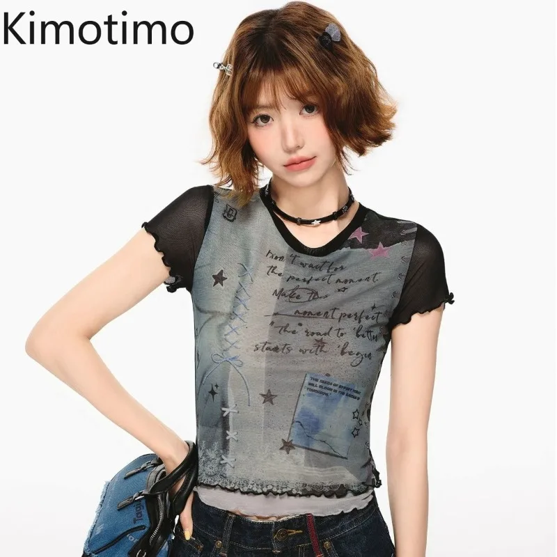 Kimotimo American Retro Mesh Print Short Sleeve T-shirt Women Summer New Y2k Aesthetic Slim Fit Crop Top Sweet Spicy Girl Tees