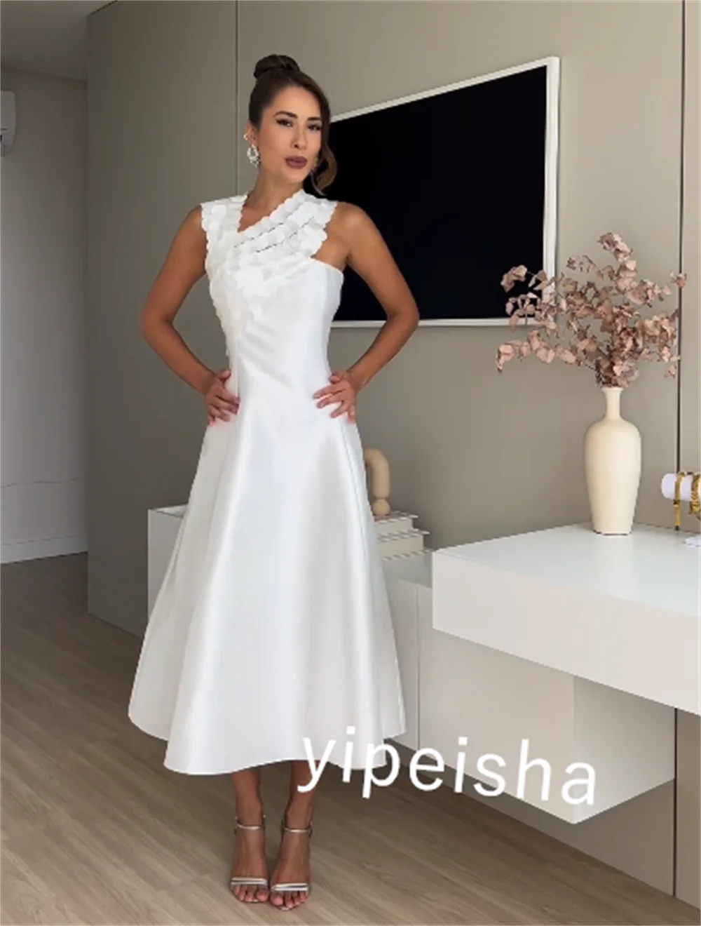 Cetim plissado festa A-Line Halter Dress, Bespoke Ocasião Vestido, Vestidos Midi