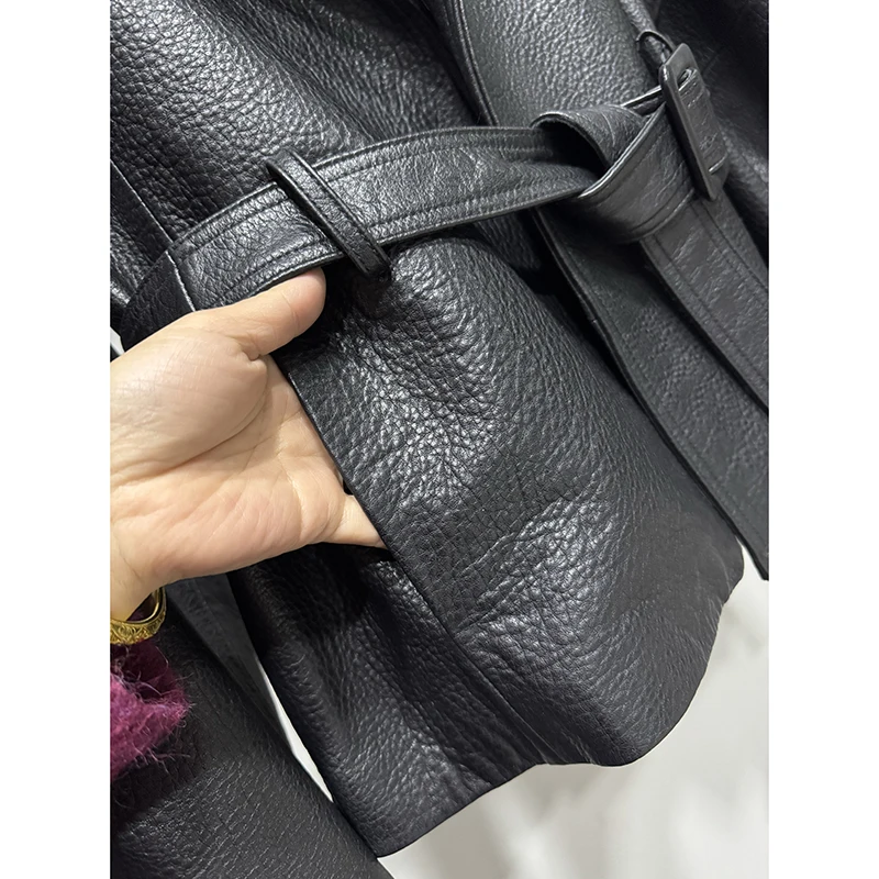 新しい本物のシープスキンジャケット秋冬女性輸入羊バブルレザーコーヒーラペルベルトウエスト閉鎖スリムショートコート