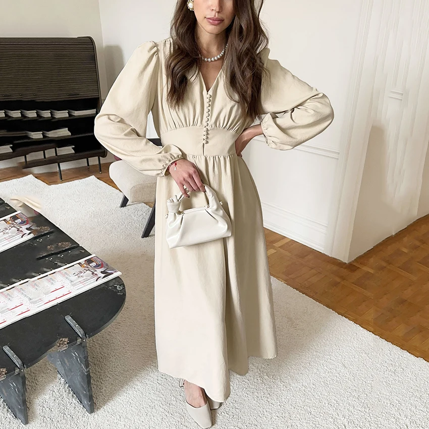 فستان Linad أنيق بني بصدر واحد فستان عتيق بخصر عالٍ طويل على شكل حرف A فستان بأكمام واسعة للشارع للنساء 2025