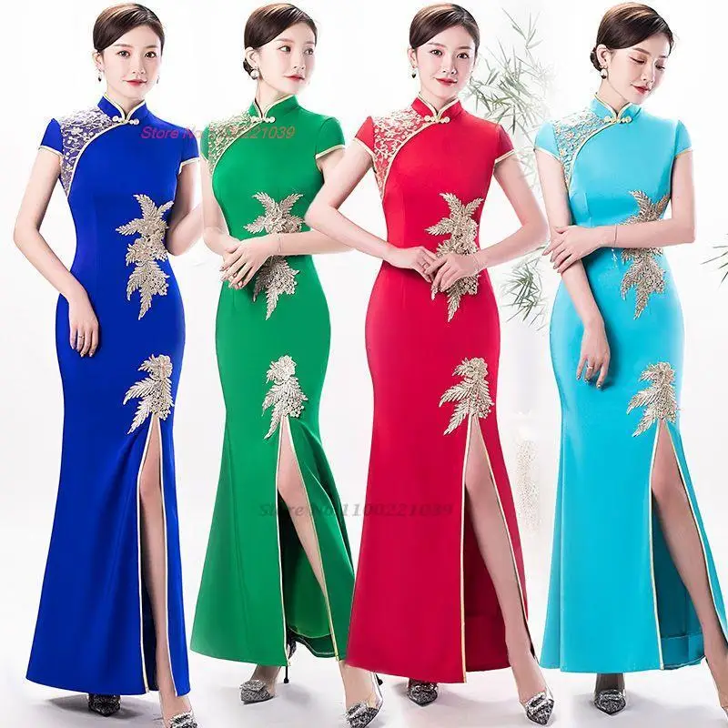 

2024 chinese vintage dress traditional qipao dress lace flower sequin dress cheongsam elegant banquet evening dress vestido