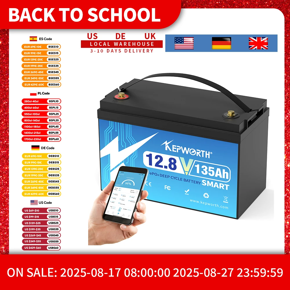 KEPWORTH 12V 135Ah LiFePO4 Battery Bluetooth, 100A BMS, Perfect Replacement for Lead-Acid Batteries for Caravans, Camping, Boats