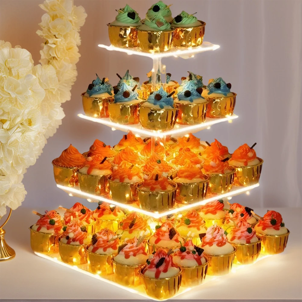 

3/4 Tier Acrylic Cupcake Display Stand with LED Light Cupcake Tower Stand Multifunctional Square Display Stand for Party Decor