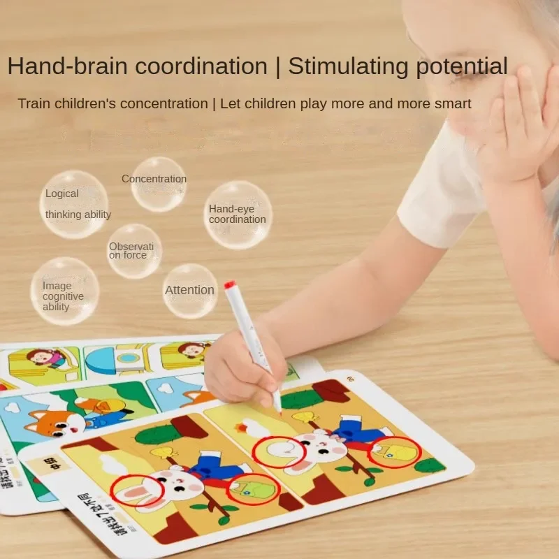 64 Pages Find The Difference Puzzle Game Erasable and Rewritable Focus and Observational Training Brain Development Toy for Kids