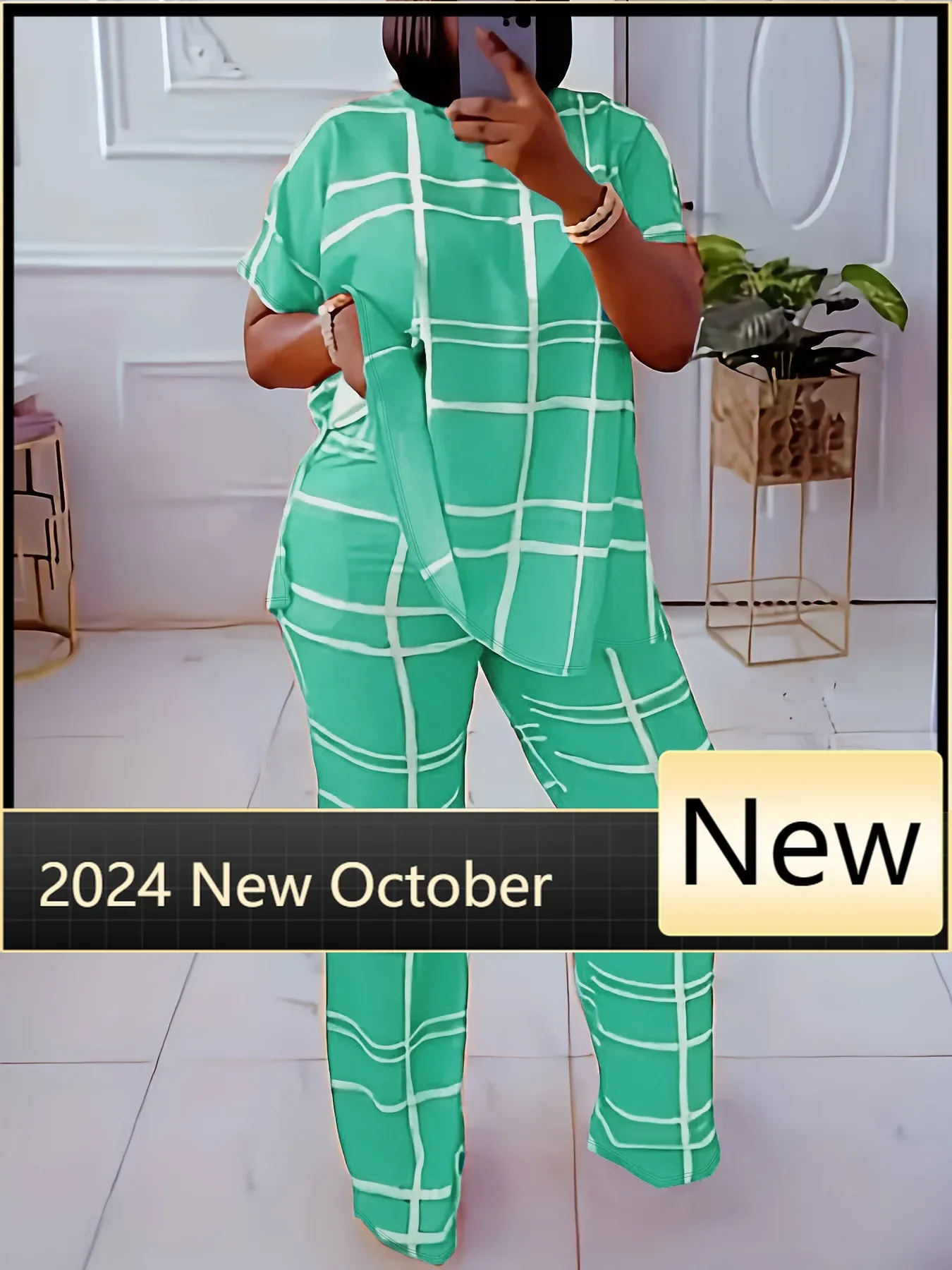 ربيع الخريف عناصر الموضة النسائية الجديدة مخطط شبكة مطبوعة عادية جولة الرقبة كبيرة مريحة قطعتين مجموعة