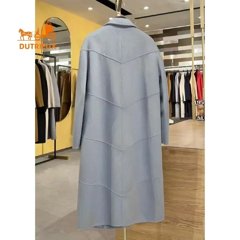 24 New Top Quality Women Cashmere Coat, Fashion Designer Luxury Double-Sided Water Ripple 100% Cashmere Wool Women's Coat Jacket