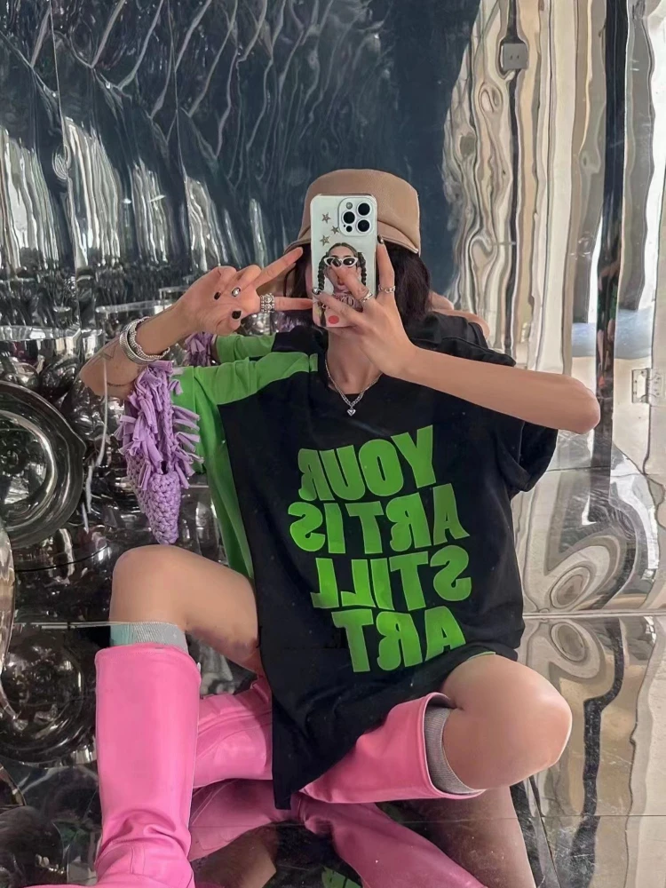 Imagem -02 - Adagirl Patchwork Oversized t Shirt Mulheres Y2k Streetwear Manga Curta Top Kpop Carta Impressão Tees Hippie Moda T-shirts Verão