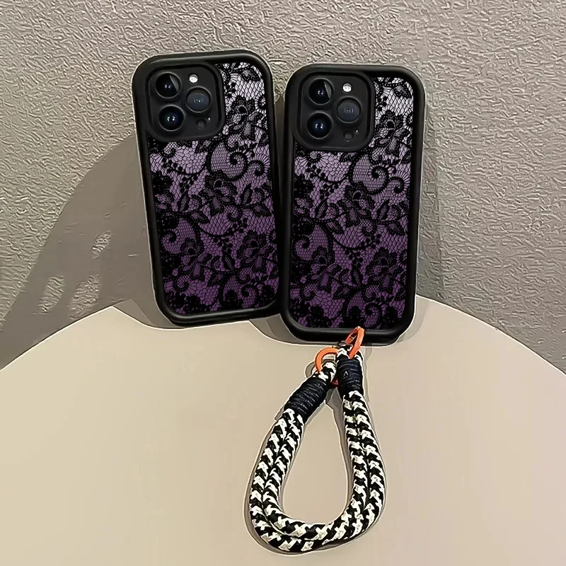 Black Purple Lace Hang Strap Phone Case For iPhone  16 17 Pro Max 16 15 14 Pro Plus 17E13 14 15 Shockproof Matte Silicone Funda view 3