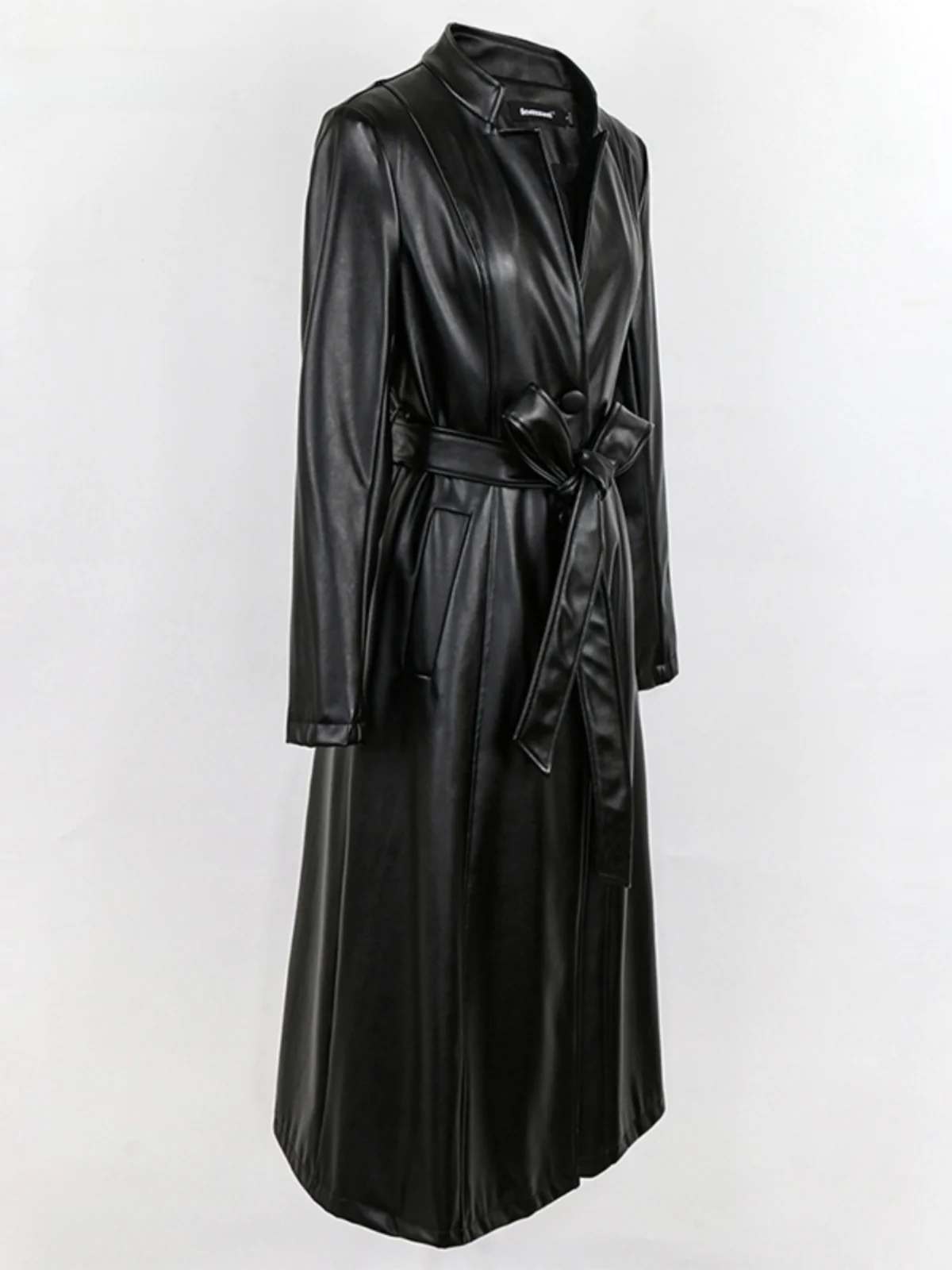 Nerazzurri Black Long Leather Coat Women's Slim Fit Soft PU Windbreaker Belted Waist Tummy Slimming Outerwear Jacket