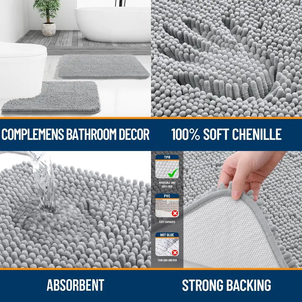 

Мягкие коврики для ванной из шенилла 59x35 см с резиновой подложкой, быстросохнущие, можно стирать в машине, для ванной комнаты, светло-серые
