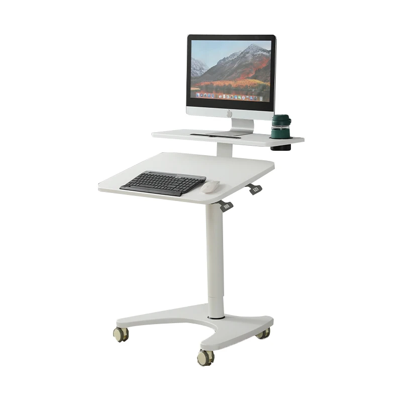 Pneumatic Height Control Foldable Adjustable Laptop Cart with Wheels Mobile Computer Desk for Home Office Movable Casters