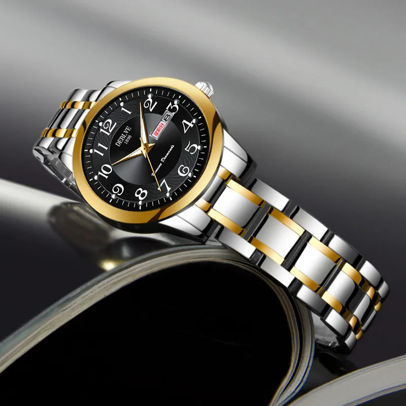 Women's Fashion Ultra-thin Steel Strap Double Calendar Luminous Digital Quartz Watch