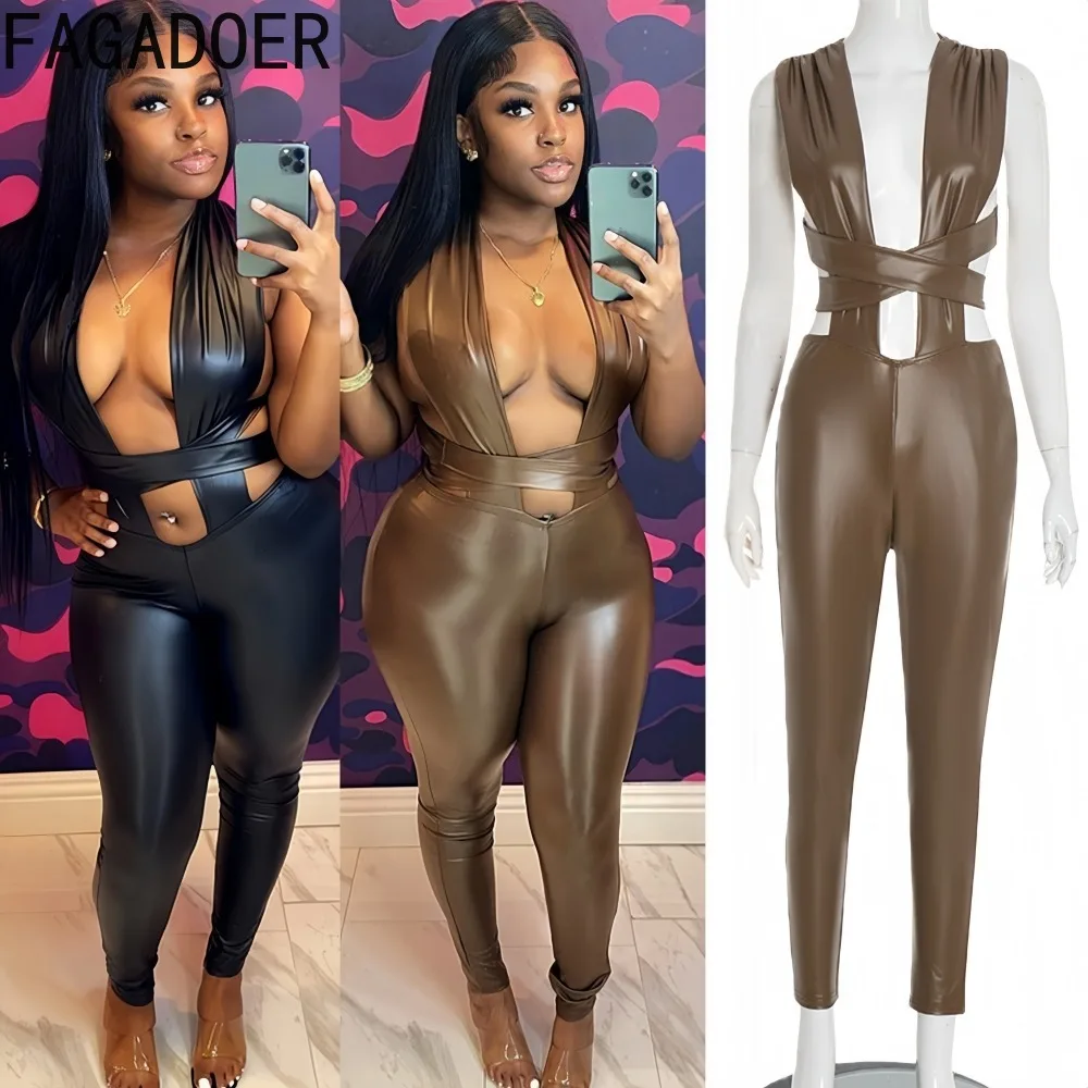 

FAGADOER Sexy Hollow-out Bodycon Jumpsuits Women Halter Deep V-neck Backless Bandage Patchwork Rompers Female Clubwear Overalls