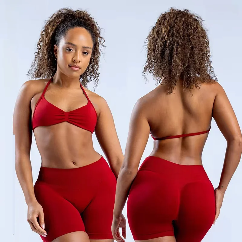 여성용 압박 스트레치 홀터넥 스크런치 백 심리스 숏 브라 세트 통기성 피트니스 스포츠웨어 프린트 라인 스판덱스