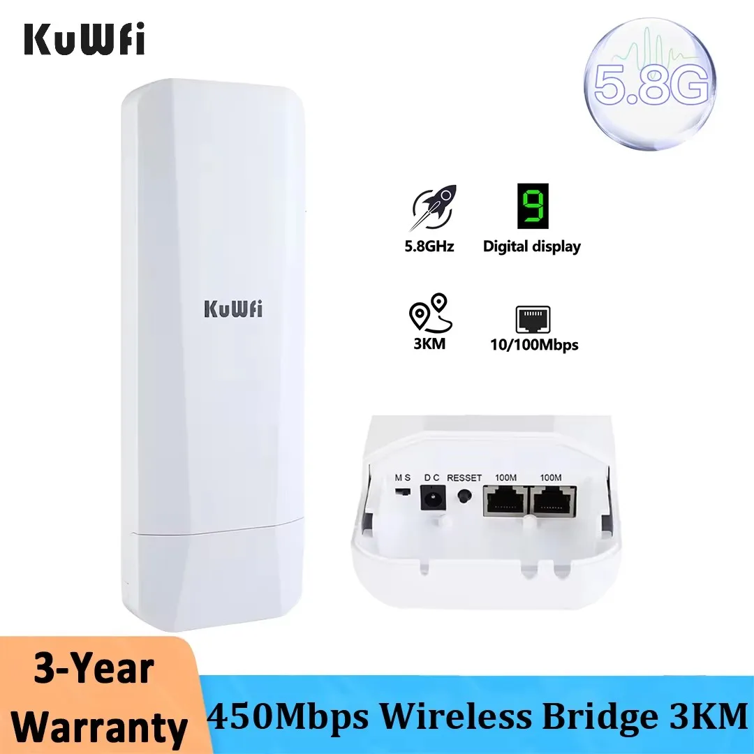 KuWFi Outdoor CPE 5.8G Long Range Wifi Bridge Extender/Access Point 450Mbps Wireless Bridge for IP Camera Point to Point 3km