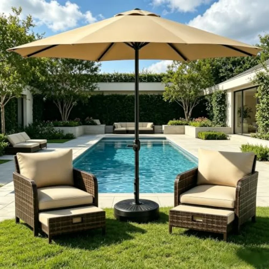 9FT Outdoor Patio Umbrella with 85.7lbs Water/Sand Filled Base - Easy Crank Market Umbrella and Stand Set, UV Resistant Waterpr