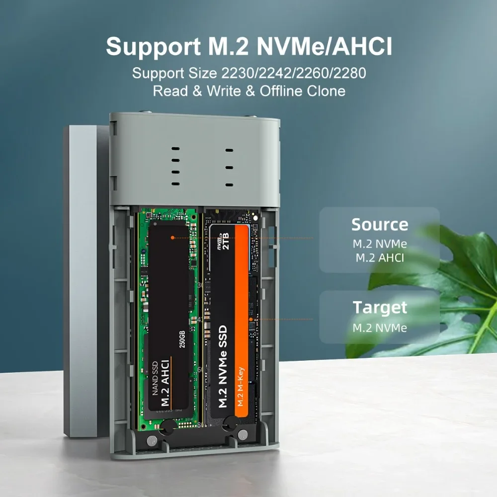 MAIWO 20Gbps Dual Bay M.2 NVMe SSD Enclosure M2 SSD Case Duplicator Support  AHCI/NVMe Protocol Aluminum Alloy Shell with Clone