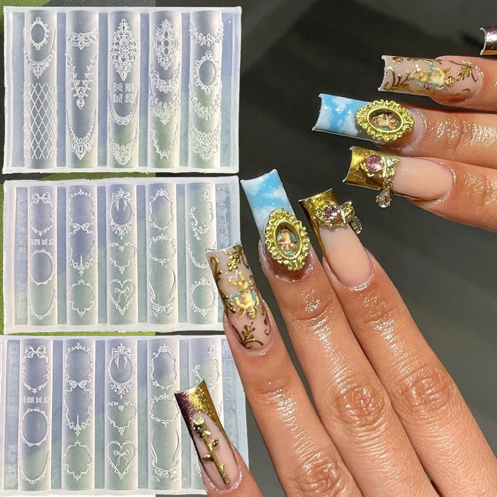 1pcs Crochet Lace French Silicone Nail Art Mold Baroque Lace Bow Photo Frame Manicure Template Embossed Pattern Nail Templates
