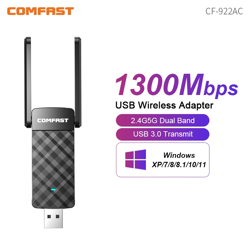 

Comfast 2.4G&5G WiFi Adapter USB3.0 Free Drive WiFi Dongle AC1300 Wireless Network Card for Win XP/7/8/10/11 Kali Linux Monitor