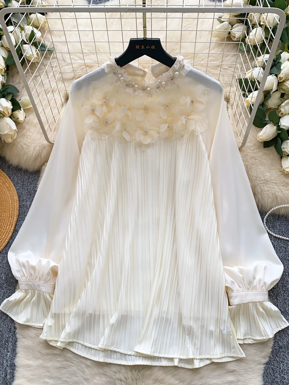 

Ele Long Sve Pleated irt Women's Casual Commute Versatile Sli Top Floral 3D Embellied Korean Loose Fit irt