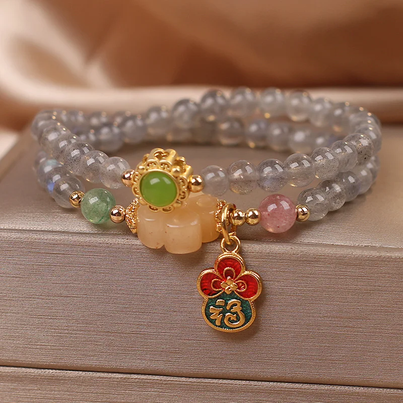 

Natural Gray Moonstone Fortune Pendant Bracelet for Women Double Layer Beaded Bracelet Hand Chain Gifts