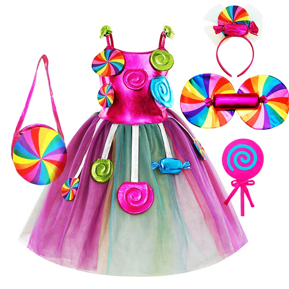 Rainbow Candy Princess Dress Girls Ball Lollipop Purim Costume for Kids with Headband Holiday Birthday Party Clothes Outfits