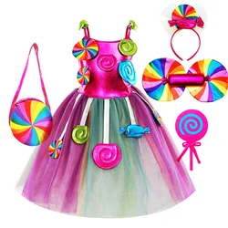 Rainbow Candy Princess Dress Girls Ball Lollipop Purim Costume for Kids with Headband Holiday Birthday Party Clothes Outfits