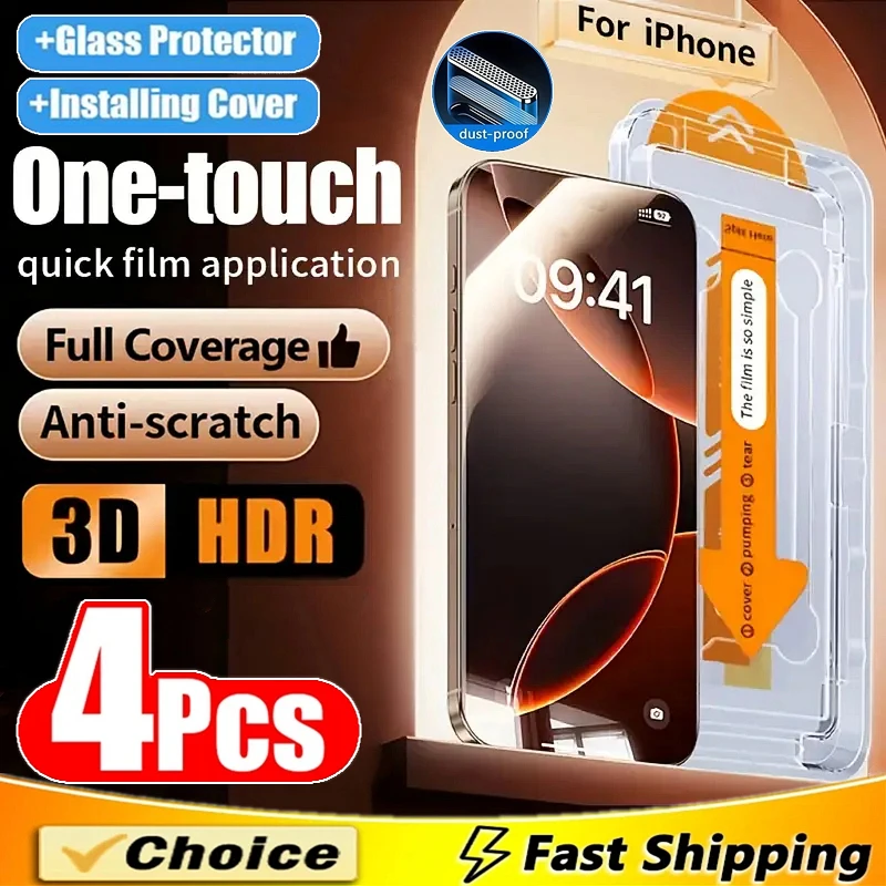 

4Pcs 3D Oleophobic Dust Free Easy Installation Screen Protector For iPhone 16 11 12 13 14 15 17 Pro Max XR X XS MAX 8 Plus Glass