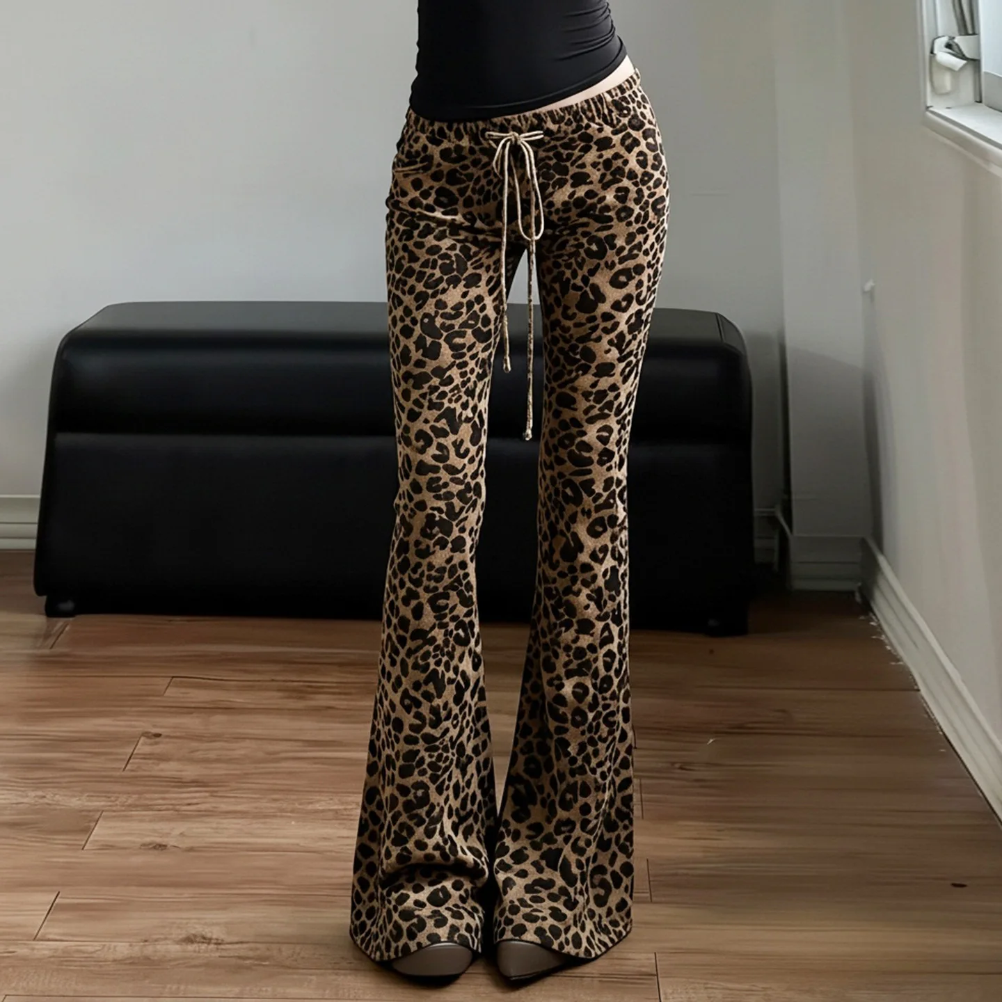 Sexy Leopard Print Low Waist Lace-up Flared Pants For Women Y2K Aesthetic Drawstring Trousers Streetwear Bell Bottoms