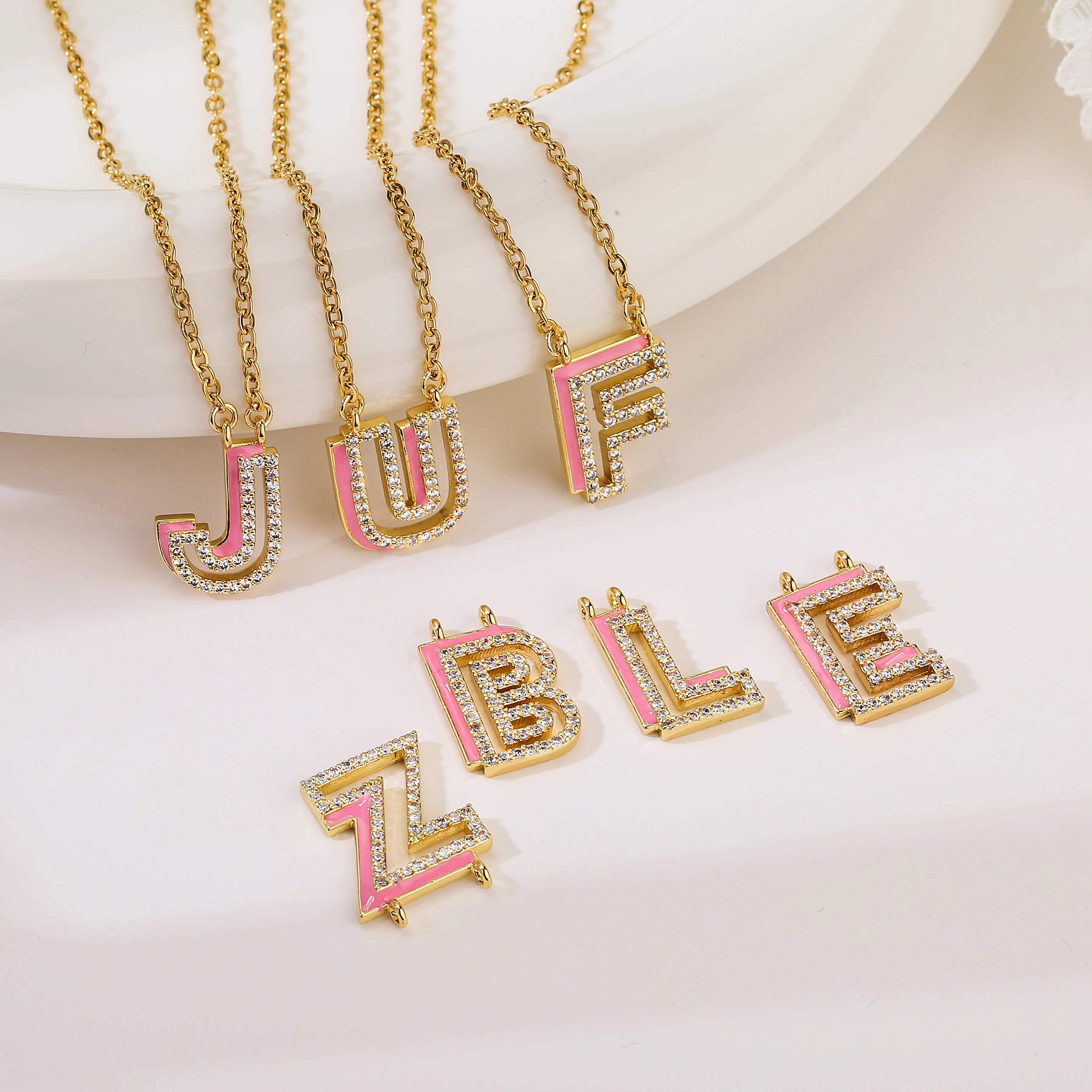 18K Gold Plated Brass Initial Letter CZ Necklace For Women Cubic Zirconia Inlaid Enamel Alphabet Pendant Jewelry Gift