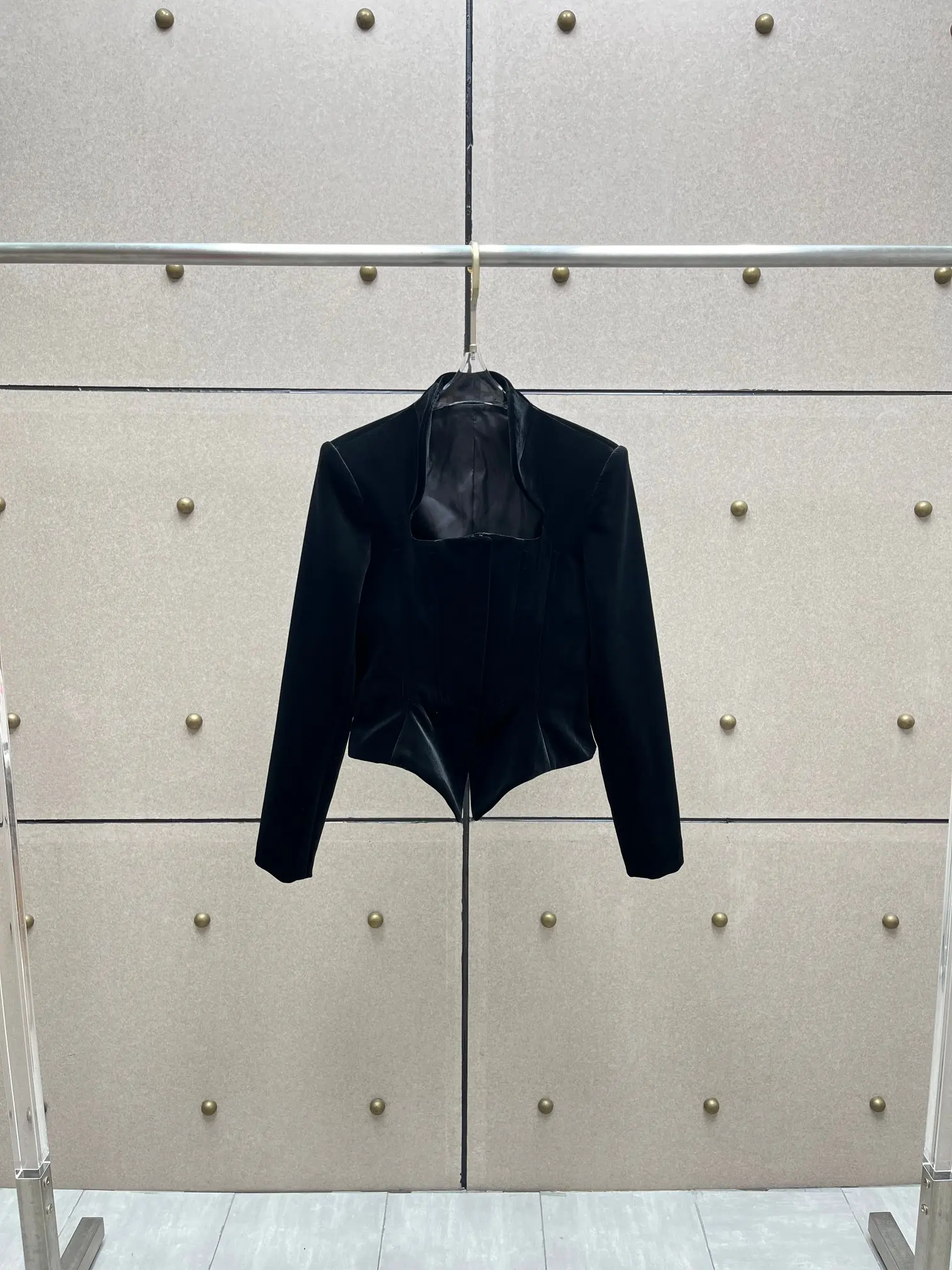 2026 New Style Women's jacket Black Velvet Boned Slim-Fit Zipper Square Neck Cropped Blazer