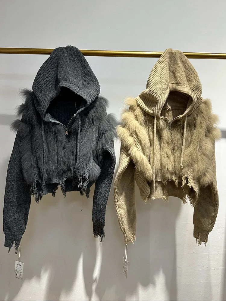 

2025 Spring Autumn Women's Real Fox Fur Knitted Cardigan Fox Fur Collar Special Sweater Full Sleeves Femeale Luxury Coat