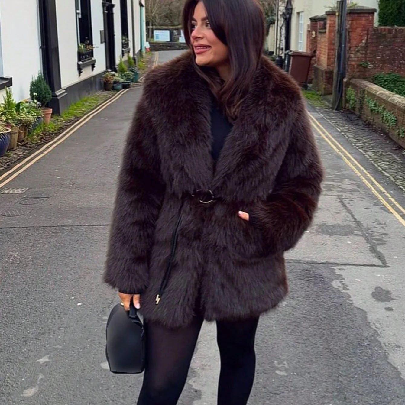 Herfst Winter Bontjas Zak Dikke Warme Bovenkleding Jas Met Lange Mouwen Chique Luxe High-end Nepbont Revers Jas Dames Retro Riem