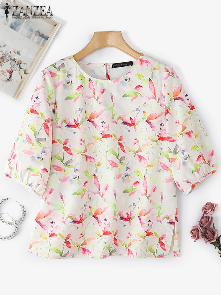 2025 ZANZEA Bohemian Women Blouse Summer Tops Fashion 3/4 Sleeve Casual Loose Shirts Round Neck Floral Printed Blusas Oversized