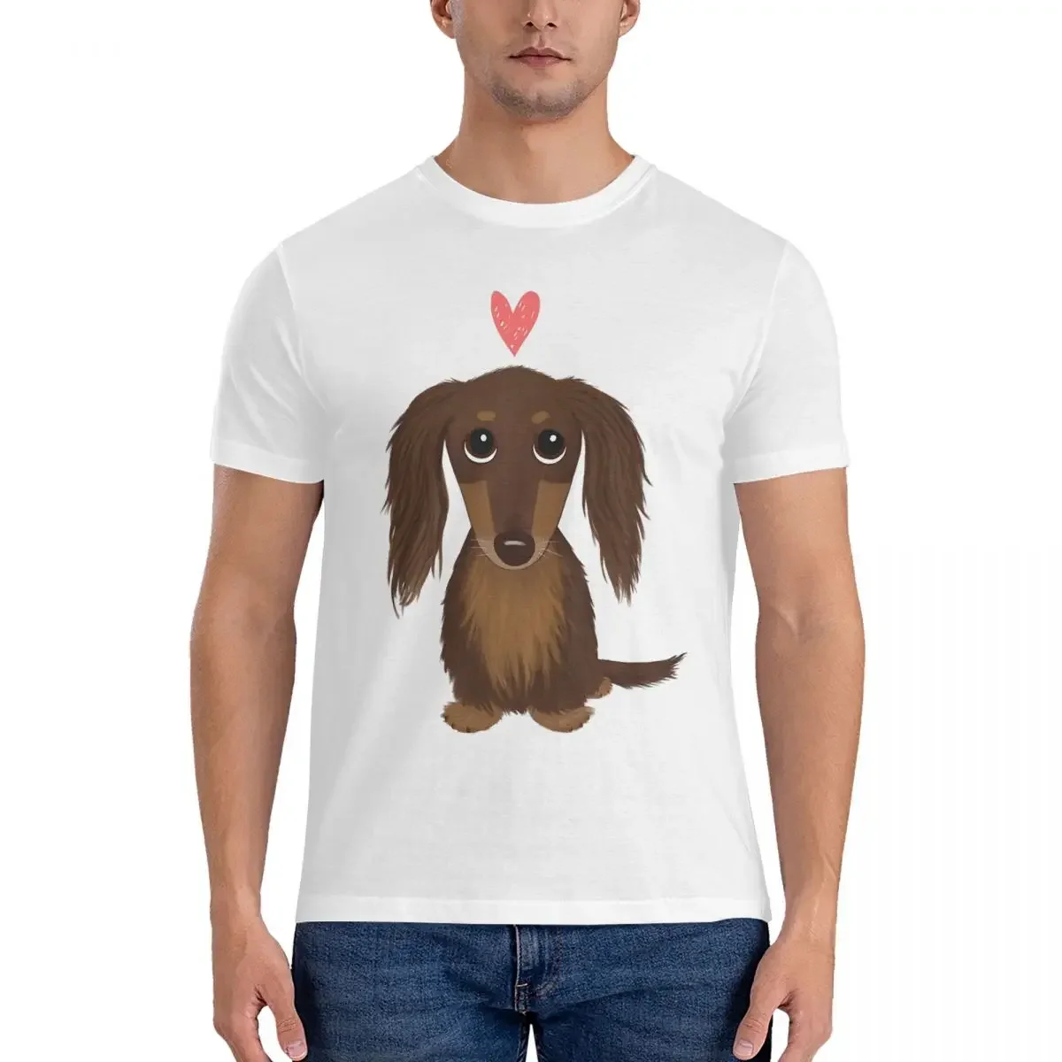 Cute Dog Longhaired Chocolate Dachshund Wiener Dog With Heart T-Shirt Cotton Oversized T Shirts Men Short Sleeve Round Neck Tops