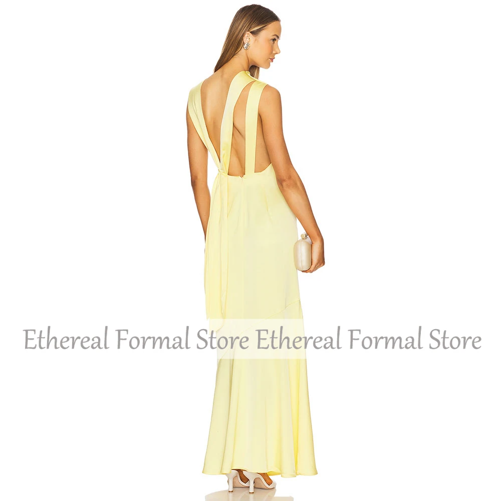 Элегантное желтое атласное женское вечернее платье с круглым вырезом, платье для выпускного вечера длиной до щиколотки, вечернее платье без рукавов, длинное платье в Саудовской Аравии