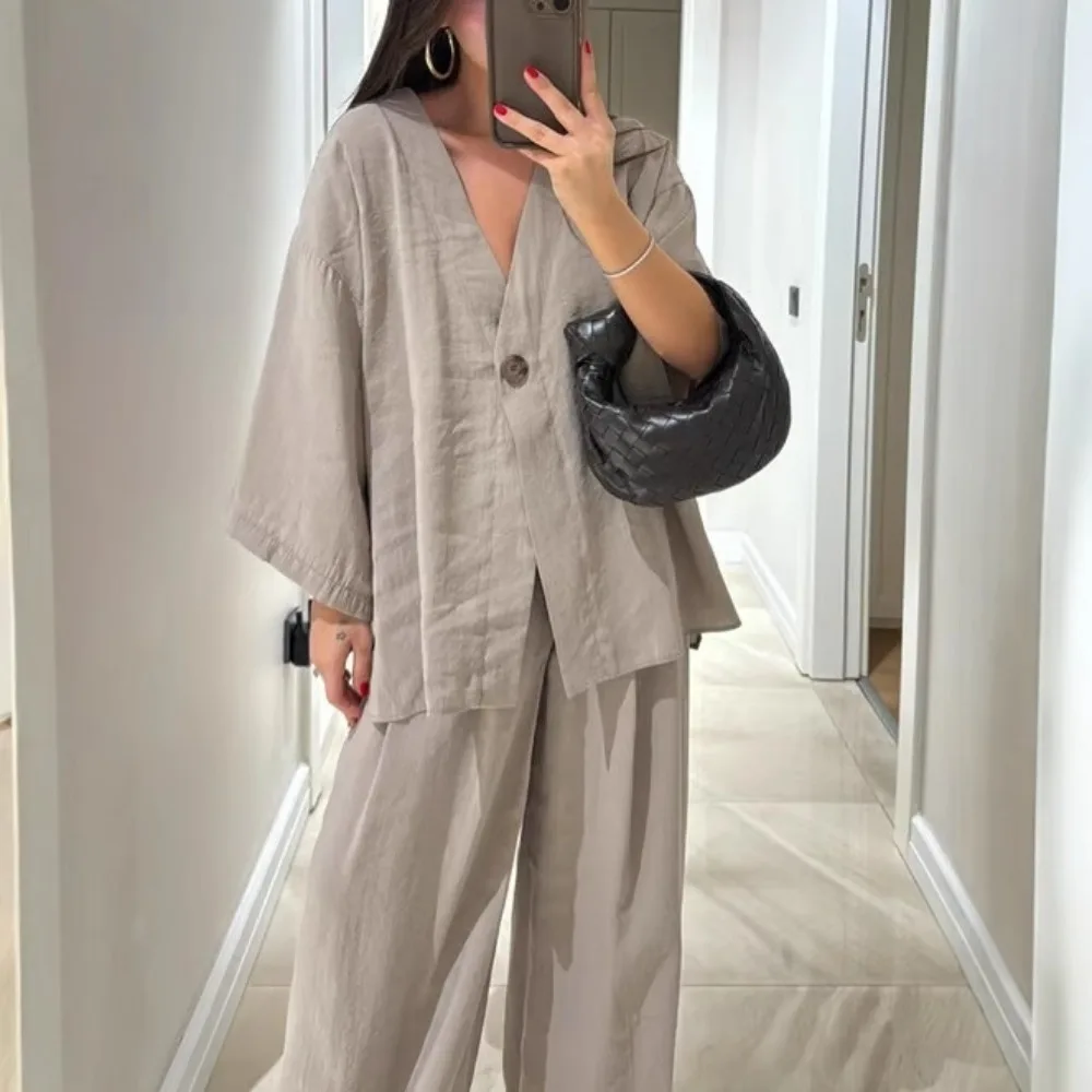 

Модный свободный женский топ с v-образным вырезом и широкие брюки, повседневный костюм, аксессуары для костюмов, комплекты эпохи Возрождения