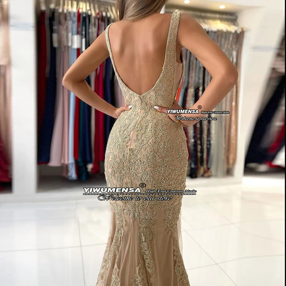 Robe de bal de forme sirène, style champagne, grande taille, bretelles Spaghetti, sans manches, dos nu, Robe de soirée formelle, Robe de Cocktail pour femmes