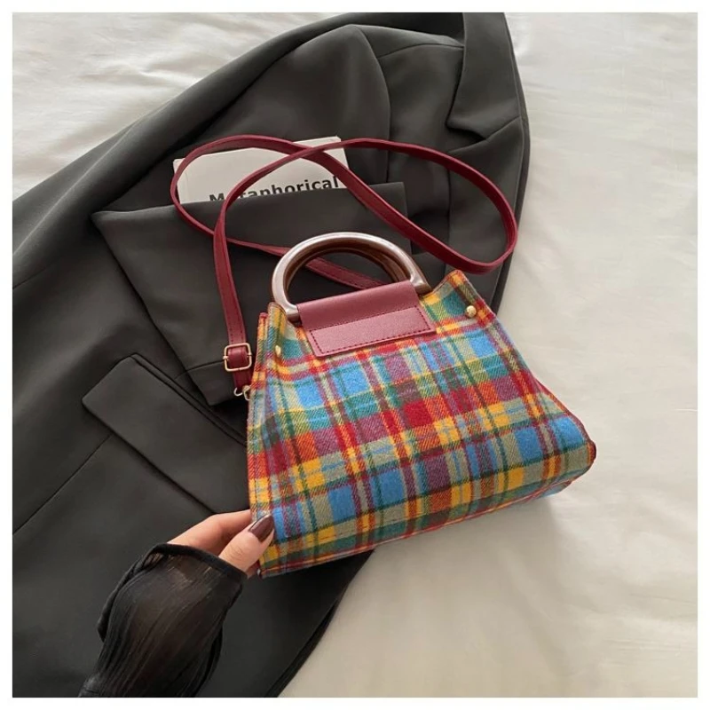 Coffee Brown Red Black Tartan Plaid Woolen Color Block Top Handle Handbag Retro Tote Shoulder Bag Phone Purse For Women Girls