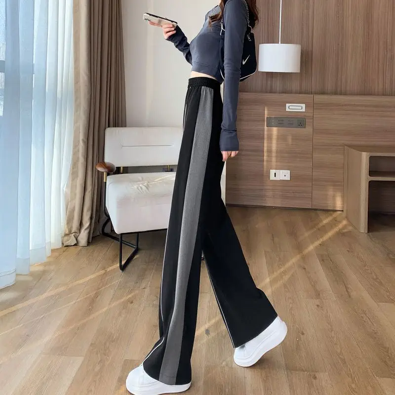 Korean Fashion Women Straight Wide Leg Pants Preppy Style Summer New Cootrast Color High Waist Loose Student Sport Trousers 2023