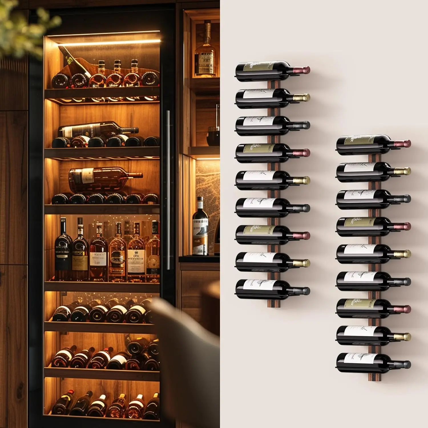 Estante de vino tinto de metal de nueve capas para montaje en pared con tablero de marco de madera