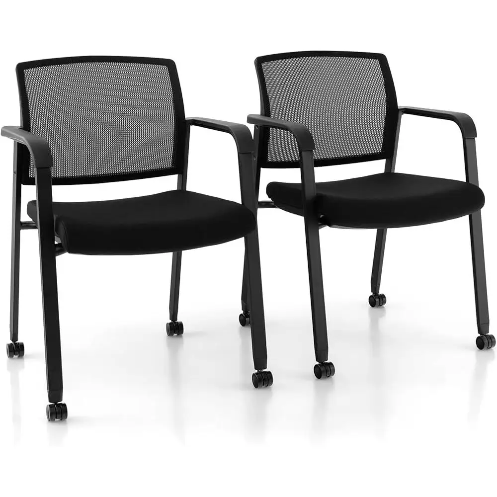 Waiting Room Chair Set 2-Pack Stackable Office Chairs with Armrests Rolling PU Wheels Ergonomic Conference Room Seating