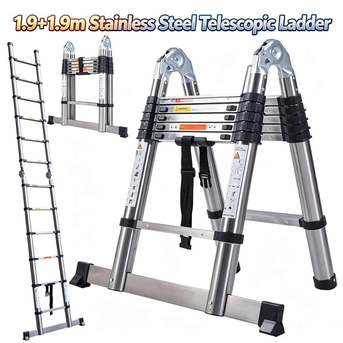Échelle télescopique 1,9+1,9 m en acier inoxydable avec stabilisateur, échelles extensibles, capacité de 150 kg, échelle pliante
