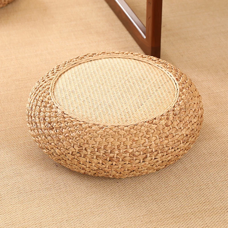 Straw Rattan Cushion Handmade Floor Seat Pouf Mat Hand Woven Knitted Straw Ottoman Footstool for Meditation Zen Yoga Practice