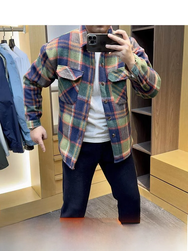 Nordic Thickened Men's Flannel Shirt Coat Autumn Winter Warm Fleece Long Sleeve Loose Fit Plaid Patterned Outerwear